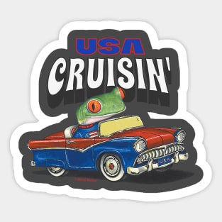 Funny and Humorous Red Eyed Tree Frog is cute driving through the USA in a classic vintage car Sticker